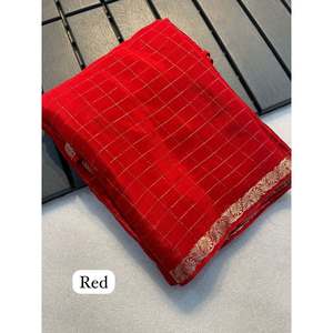 DESIGNER CHINON CHIFFON SAREE with UNSTITCHED <b>BLOUSE</b> <b>RED</b> - Product Image 1