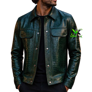 VANTEX SPORTS Blouson moto homme en toile véritable marron gaufré croco, col montant, tissu respirant, doublure en peau de mouton, effet peau de serpent - Product Image 3