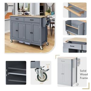 Carrello da Cucina con Piano in Legno Massello, Larghezza Regolabile 54,3 Pollici, 4 Ante, Due Cassetti, Porta Spezie, Portasciugamani - Ruote Bloccabili - Product Image 4