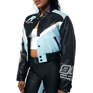 2026 Veste bomber de course en cuir végétalien sur mesure coupe courte, Pantalon taille haute, Broderie chenille bleue, Crop top femme, Veste universitaire en coton - Product Image 3