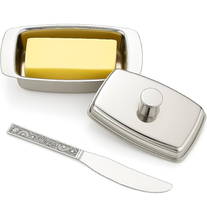 Boîte à beurre en acier inoxydable au design antique avec couteau, récipient de rangement pour fromage pour la maison/l'hôtel/la table du petit-déjeuner - Product Image 1