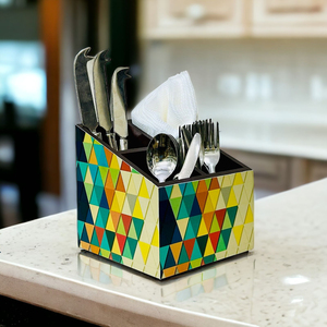 Premium Geometric Printed Wooden Cutlery Holder Multi-Compartment Silverware <b>Caddy</b> & Napkin Organizer For Modern Home <b>Kitchen</b> - Product Image 1
