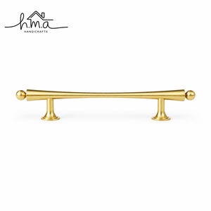 Polished Gold Brass Cabinet Handle with Tapered Cylindrical <b>Bar</b> and Rounded Ball <b>Ends</b> Featuring Elegant Curved Shape and Flared - Product Image 1