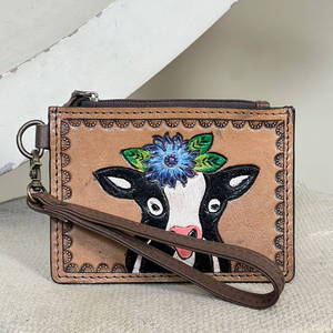 Cartera de Cuero Genuino con Diseño Floral y Correa de Muñeca, Hecha a Mano, con Cierre y Estampado de Vaca, para Uso Diario - Product Image 4