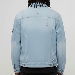 Chaqueta de Mezclilla Azul Claro para Hombre, Estilo Desgastado, Casual, con Botones, Corte Regular, 100% Algodón, para Otoño - Product Image 3