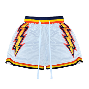 Shorts de basketball pour homme bleu marine avec cordon de serrage, motif éclair jaune-orange, maille respirante, style sportif - Product Image 3