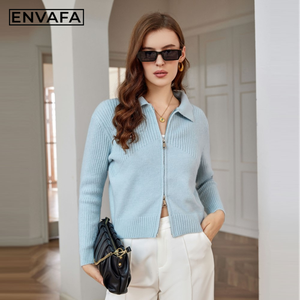 Cárdigan de punto de ganchillo con cuello vuelto para mujer, doble cremallera, manga larga, informal, elegante, cálido, antiarrugas, para otoño - Product Image 1