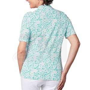 Polo pour femme à imprimé floral, manches courtes, bleu clair et blanc, tissu tricoté décontracté, respirant, longueur normale - Product Image 2