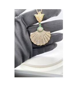 Ocean Shell Inspired Natural Diamond <b>Pendant</b> and Earrings Set in 14K Gold with Green <b>Emerald</b> Accent Stones Women Jewelry - Product Image 1