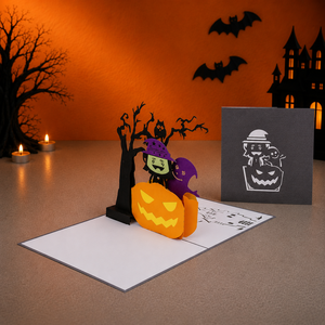Tarjeta de Felicitación 3D Pop-Up de Lujo Personalizada con Temática de Calabaza y Bruja de Halloween, Hecha a Mano, Venta al por Mayor, Fabricante ODM/OEM - Product Image 1