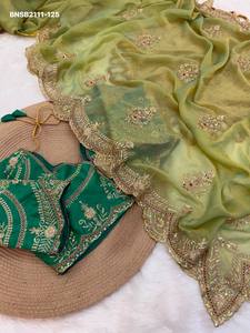 Sari-Blouse en mousseline de soie à motifs festonnés, orné de broderies multi-sequins et de fils Butta et de bordures, pour usage occasionnel - Exportateur indien - Product Image 6