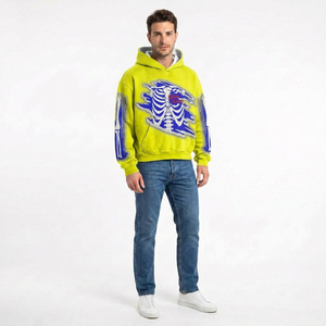 Sudadera con Capucha Extra Grande para Hombre, Color Amarillo, con Estampado de Esqueleto, Estilo Urbano, Felpa de Algodón, Impresión Personalizada en el Frente, la Espalda y las Mangas - Product Image 3