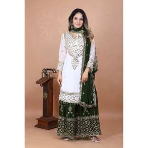 Conjunto de traje de fiesta de diseñador para mujer con top-Plazzo y Dupatta Trabajo de bordado pesado - Product Image 2