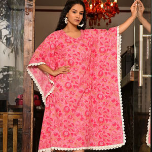 Robe kaftan rose imprimée 100% coton pour femmes, vêtements de plage décontractés - Product Image 1