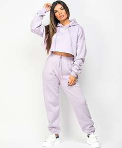Conjunto Deportivo de Mujer con Capucha Color Lavanda, Top Corto y Pantalones Jogger de Manga Larga, Color Sólido, Casual, con Bolsillos Laterales y Cintura Elástica, para Primavera - Product Image 3
