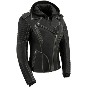 SAMROZ SPORTS Black Leather Rub-Off Leather Jacket with Hoodie for Women - Product Image 1