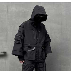 Veste en toile à capuche pour homme style punk - Coupe-vent multi-poches Techwear avec fermeture éclair à boucle, finition noire - Product Image 4