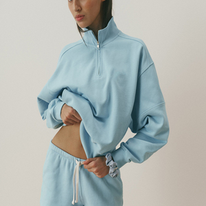 Sudadera Oversize de Mujer con Media Cremallera, Azul Claro Sólido, Bordado Frontal, Hombro Caído, Manga Larga, Tejido de Algodón Afelpado, Otoño - Product Image 1
