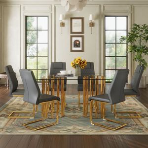 Tavolo da Pranzo Ovale di Lusso in Vetro Temperato da 71 Pollici Grigio Scuro con Set di Sedie in PU di Alta Qualità e Doppia Colonna Dorata Confortevole - Product Image 3