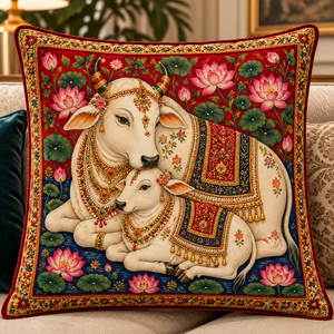 ปลอกหมอนกำมะหยี่หรูหรา ทรงสี่เหลี่ยม ปักลายวัวและดอกบัว - Product Image 1