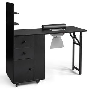 Bureau à ongles pliable en MDF noir avec 2 tiroirs et une porte de placard, table de manucure avec étagère de rangement - Product Image 1