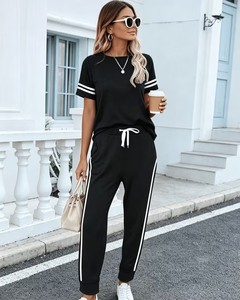 Womens Casual Short Sleeve Tracksuit Crewneck Top and Drawstring Joggers Set Two Piece Loungewear Side Stripe Activewear - Product Image 1