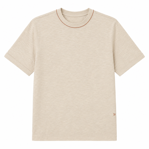 T-shirt personnalisé en coton crème à col ras du cou avec passepoil contrastant, détails minimalistes, manches courtes, vêtements décontractés pour hommes, fournisseur en gros - Product Image 1