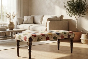 Banco Tapizado Boho Colorido de Lana y Yute con Asiento de Madera para Entrada, Hecho a Mano, Estilo Rústico, para Dormitorio, Fin de Cama o Pasillo - Product Image 3