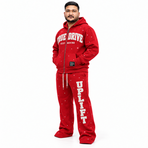 Survêtement zippé avec détails en strass rouges, sweat à capuche en polaire pour homme, pantalon large, broderie personnalisée, vêtements streetwear d'hiver - Product Image 3