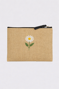 กระเป๋าคลัทช์ขนาดใหญ่ลายดอกเดซี่แบบรักษ์โลก ผลิตจากผ้าปอกระเจา พร้อมซิป ใช้จัดเก็บเครื่องสำอาง จากรัฐเบงกอล อินเดีย - Product Image 4