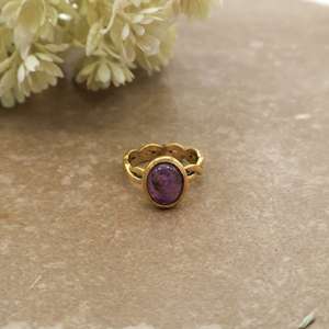 Vintage Oval Amethyst Brass <b>Ring</b> 14K Gold Plated Scalloped Infinity Band Boho Statement Unisex Jewelry - Product Image 1