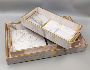 Exclusive Floral Wooden Nested Serving Tray Set Gold Rectangular Decorative Kitchenware Platter Coffee Table Gift - Product Image 1