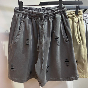 Shorts décontractés gris déchirés en coton pour hommes, taille mi-haute, longueur courte, en tissu tricoté respirant - Product Image 5