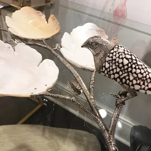 Premium Handmade Metal Coffee Serving Tray for Restaurants Hotels CafesSilver Bird on Branch Decorative Tray with Pearl Shell - Product Image 3