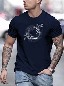 T-shirt à manches courtes pour hommes, 100% pur coton, décontracté, ample et simple, à la mode, avec motif d'oiseau imprimé, col rond, manches courtes - Product Image 5