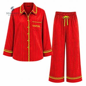 NSPDK Sorority Women's Red Striped Pajama Set Button Front Long Sleeve Sleepwear Contrast Trim Lounge <b>PJs</b> With Drawstring Pants - Product Image 1