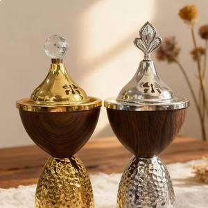 Wholesale Modern Walnut Wood Gold Silver Metal <b>Bakhoor</b> Burner Hammered Base Dome Top Arabian Mabkhara Goblet Shape <b>Oud</b> Incense - Product Image 3