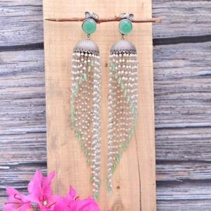 New Arrival <b>Long</b> Jhumka Chandelier Style Oxidized Indian <b>Silver</b> Geometric Ethnic Design Brass <b>Earrings</b> Wedding Engagement - Product Image 3