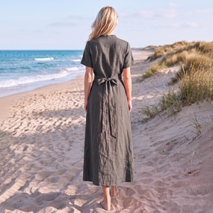 Vestido Casual Midi de Algodón 100% Hecho a Mano con Lazo, Cuello en V, Manga Campana, Corte A, Vintage, Transpirable, Cintura Alta y Teñido Liso - Precio Mayorista - Product Image 2