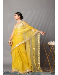 Sari KV Zari Jaipuri en viscose jaune et organza avec broderie Gotta traditionnelle et chemisier non cousu pour les fêtes - Product Image 6