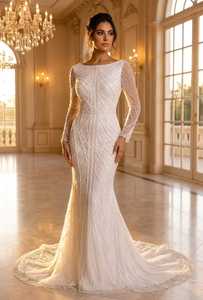 Robe de mariée vintage élégante à perles, coupe trapèze, décolleté sans bretelles, longueur ras du sol, en tulle, taille naturelle, broderie de cristaux, satin - Product Image 3