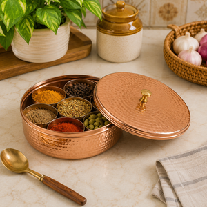 Caja de Masala de Cobre Martillado Hecha a Mano con Tapa, Contenedor de Almacenamiento de Especias Indias, 7 Compartimentos, Organizador de Cocina, Regalo, Venta al por Mayor - Product Image 4