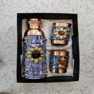 Handcrafted Copper Water Bottle Set Mosaic <b>Drinkware</b> Leak Proof Gift Packaging for Wedding Office Car Use - Indian Home Crafts - Product Image 3