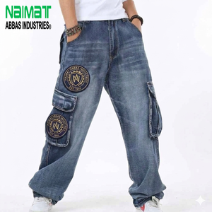 Jeans cargo en denim pour homme, coupe classique, multi-poches, décontracté, en coton lavé, bleu clair - Product Image 1