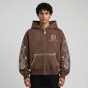เสื้อฮู้ดผู้ชายสีน้ำตาลของ Ekin Impex ลายเปลวไฟประดับเพชร ซิปยาวเต็มตัว แจ็คเก็ตผ้าฟลีซลำลองสำหรับใส่ในฤดูใบไม้ร่วง - Product Image 3