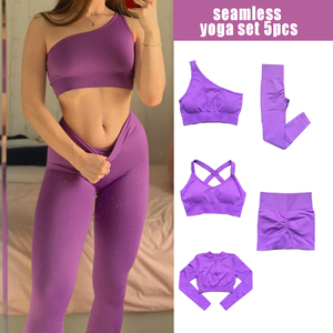 Purple 5-Piece <b>Yoga</b> <b>Set</b> With Crisscross Straps Ruched Butt High Waist Seamless Spandex Gym Fitness Wear - Product Image 6