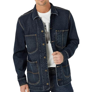 Veste en jean bleu foncé pour homme, col rabattu décontracté, simple boutonnage, avec poches - Product Image 1