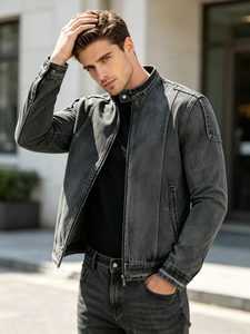 Blouson moto en jean délavé pour homme, coupe droite, fermeture boutonnée, couleur unie, style hiver, tissu tricoté respirant - Product Image 5