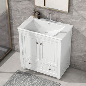 Mobile Bagno da 30 Pollici con Struttura Solida e Lavabo Integrato, Mobile Bianco con Ante, Cassetto e Pannello in MDF - Product Image 2