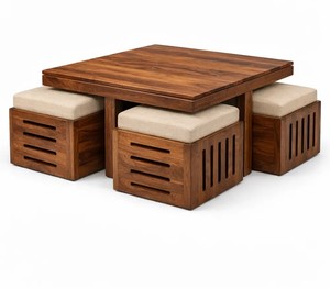 Slatted Top Solid Wood Coffee Table with 4 <b>Cushioned</b> Stools | Space Saving Nested Center Table | Jodhpur Export - Product Image 6